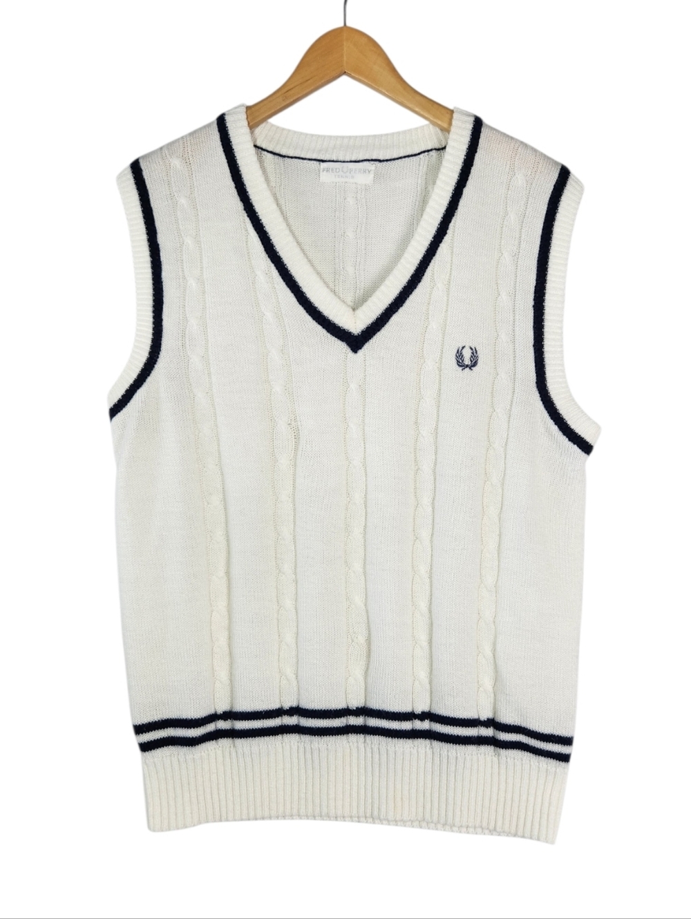 Vintage Fred Perry Cable Knit Sweater Vest White Navy Cricket Tennis Vest Med/Lg